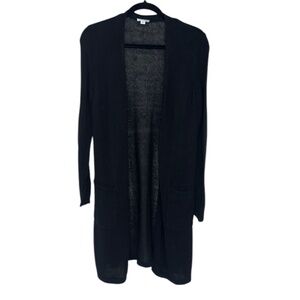 J Jill Black Linen Blend Open Weave Open Front Long Line Cardigan Sweater XS